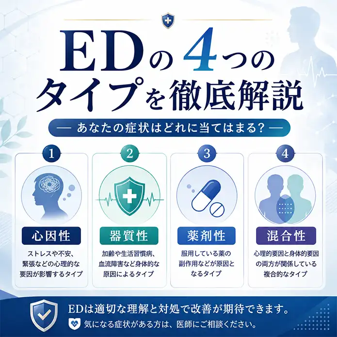 EDの4つのタイプを徹底解説：勃起不全・EDサプリメントと症状の特徴を紹介